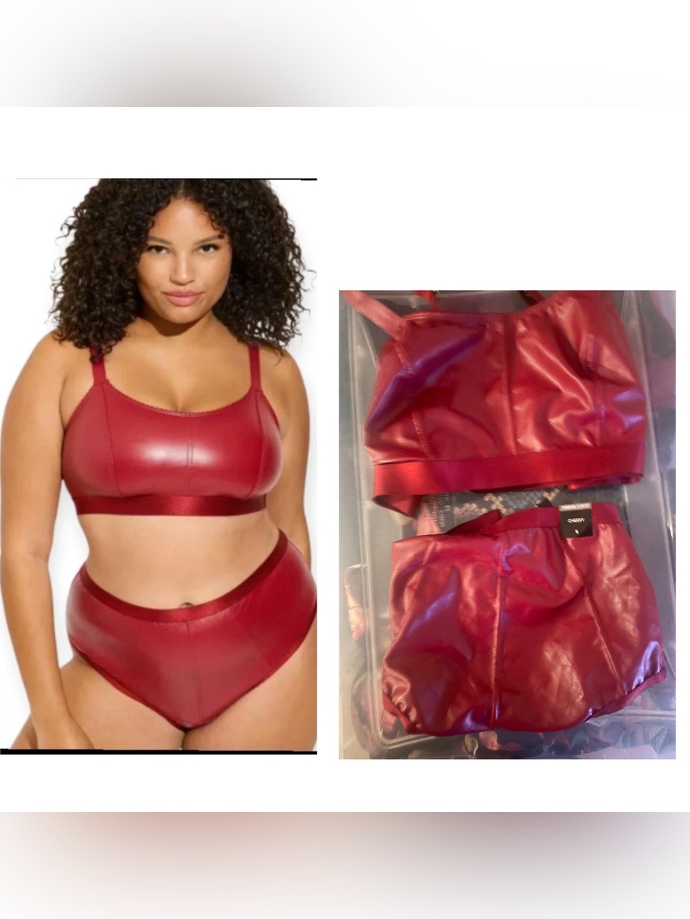 Faux Leather Bralette and High-Waist Brief Set - Red